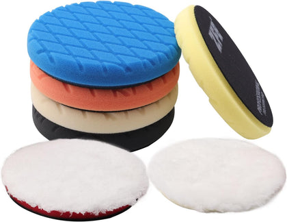 Buffing Polishing Pads, ZFE 7Pcs 6"(150mm) Waffle Foam Buffing Pads Polishing Pads Wool Pad Kit for 6Inch Backing