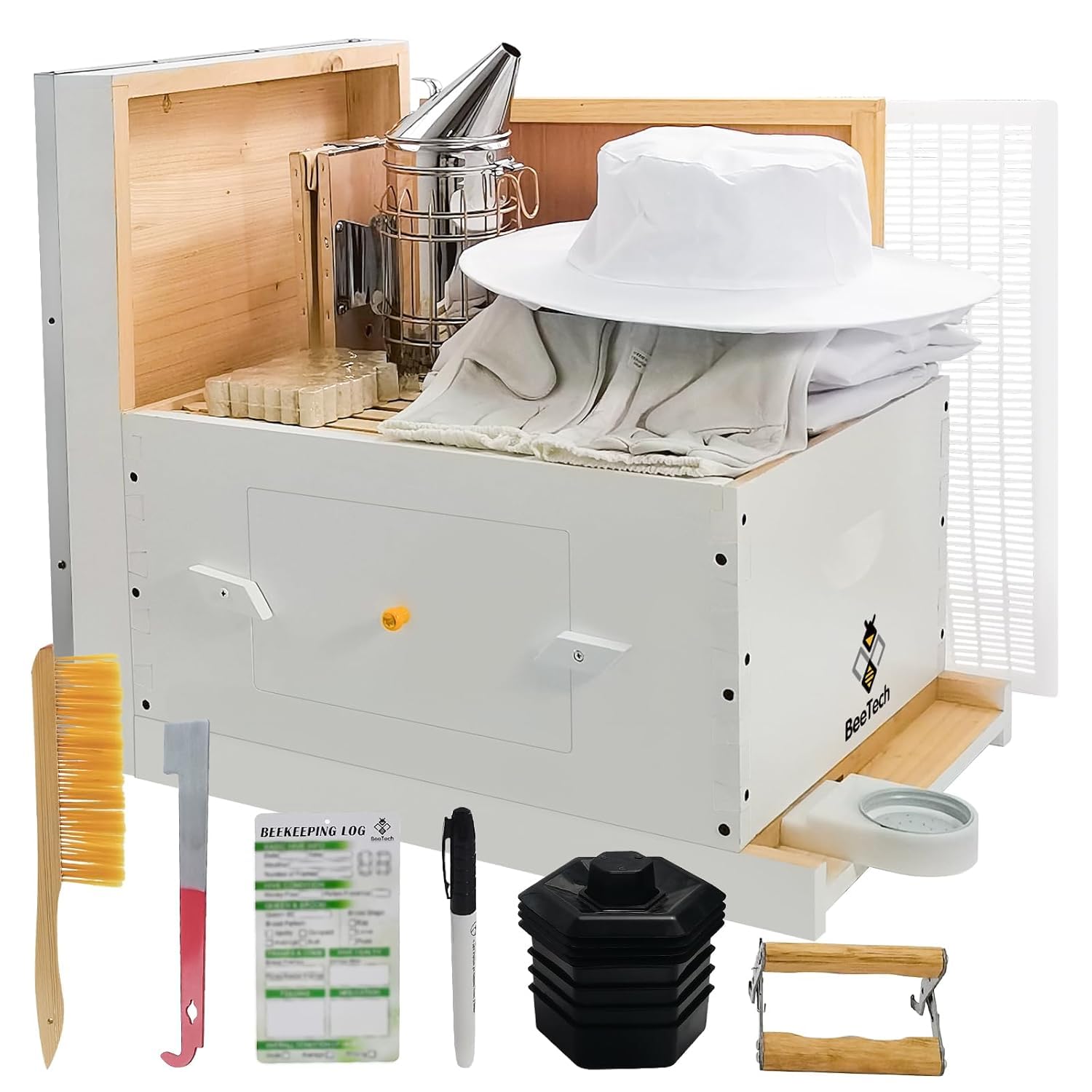 8-Frame Beehive Starter Kit, Hand Painted Beekeeping Tools Kit and Sting Proof Bee Suit Bee Keeping Supplies-All