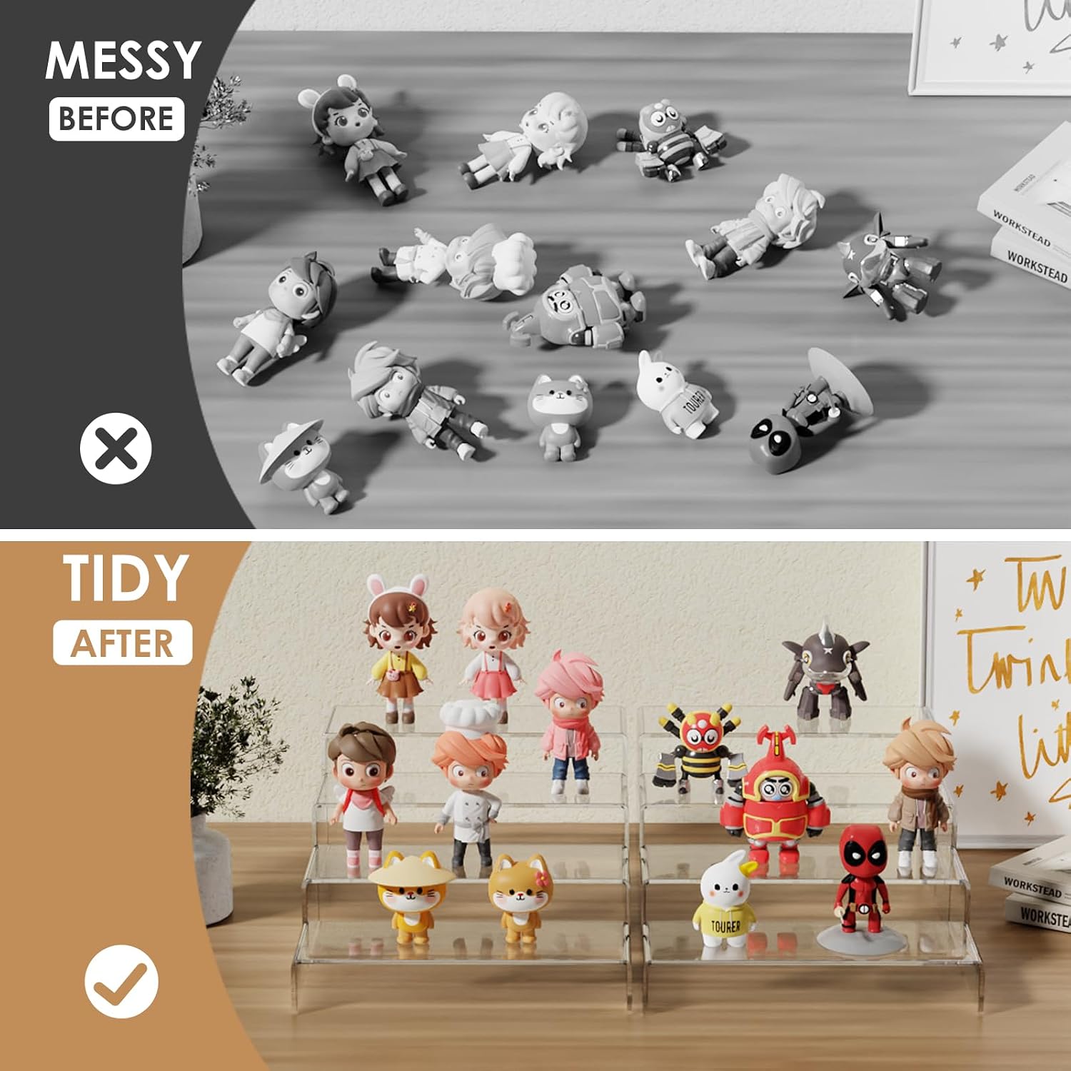 10 Pieces 2 Set (7”L~8”L~9”L) Large Display Risers, 4" Wide Clear Rectangular Stand Shelf for Showcase Collectibles