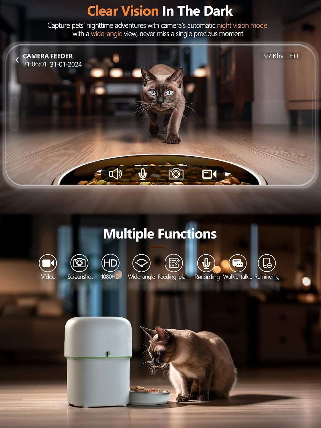 Automatic Cat Feeder with Camera - 5G WiFi Auto Cat Food Dispenser, 1080P HD Video with Night Vision, 1-15 Meals
