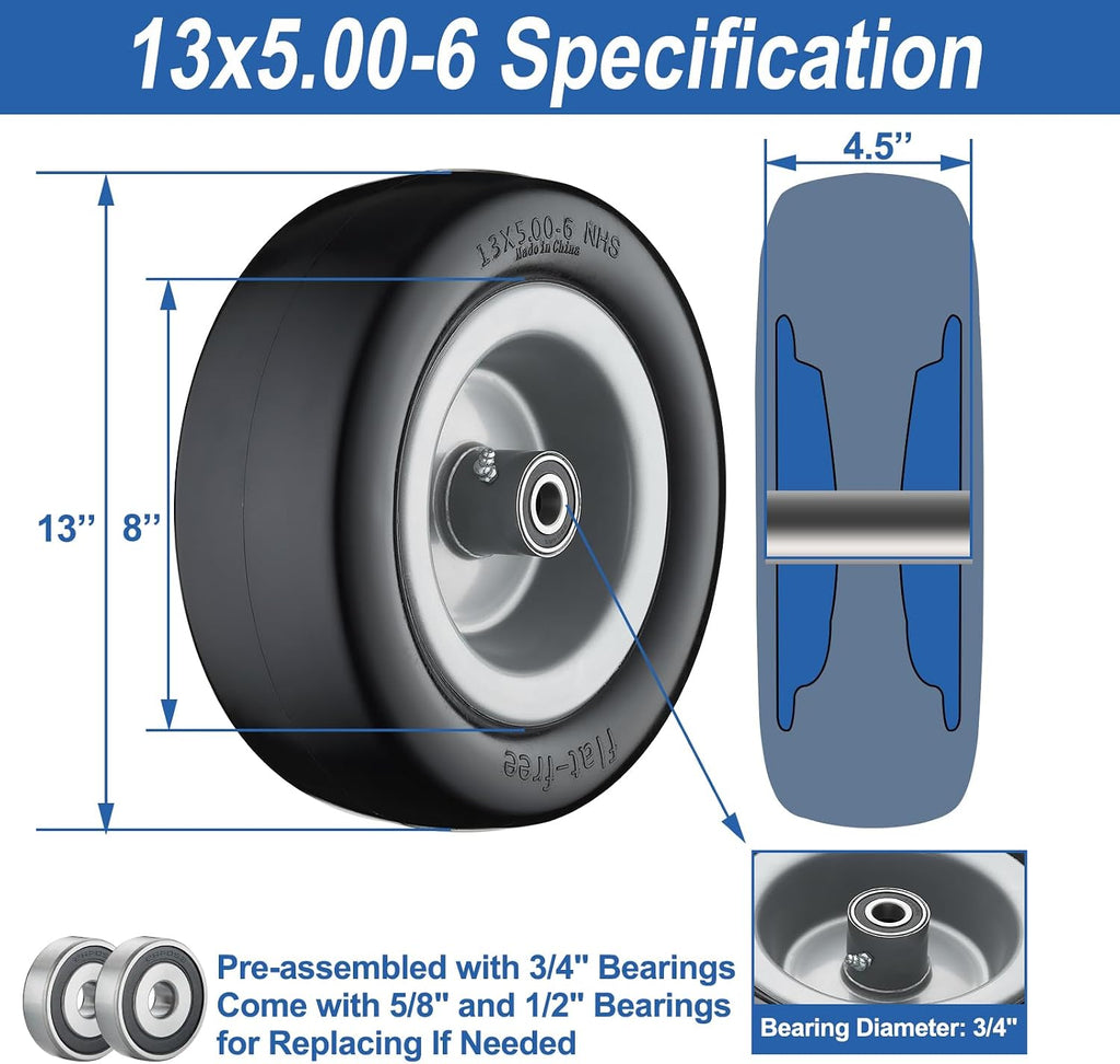 13x5.00-6 Flat Free Tire and Wheel Lawn Mower Tires Gray | Zero Turn Mower Tires with 3/4", 5/8" and 1/2" Bearings