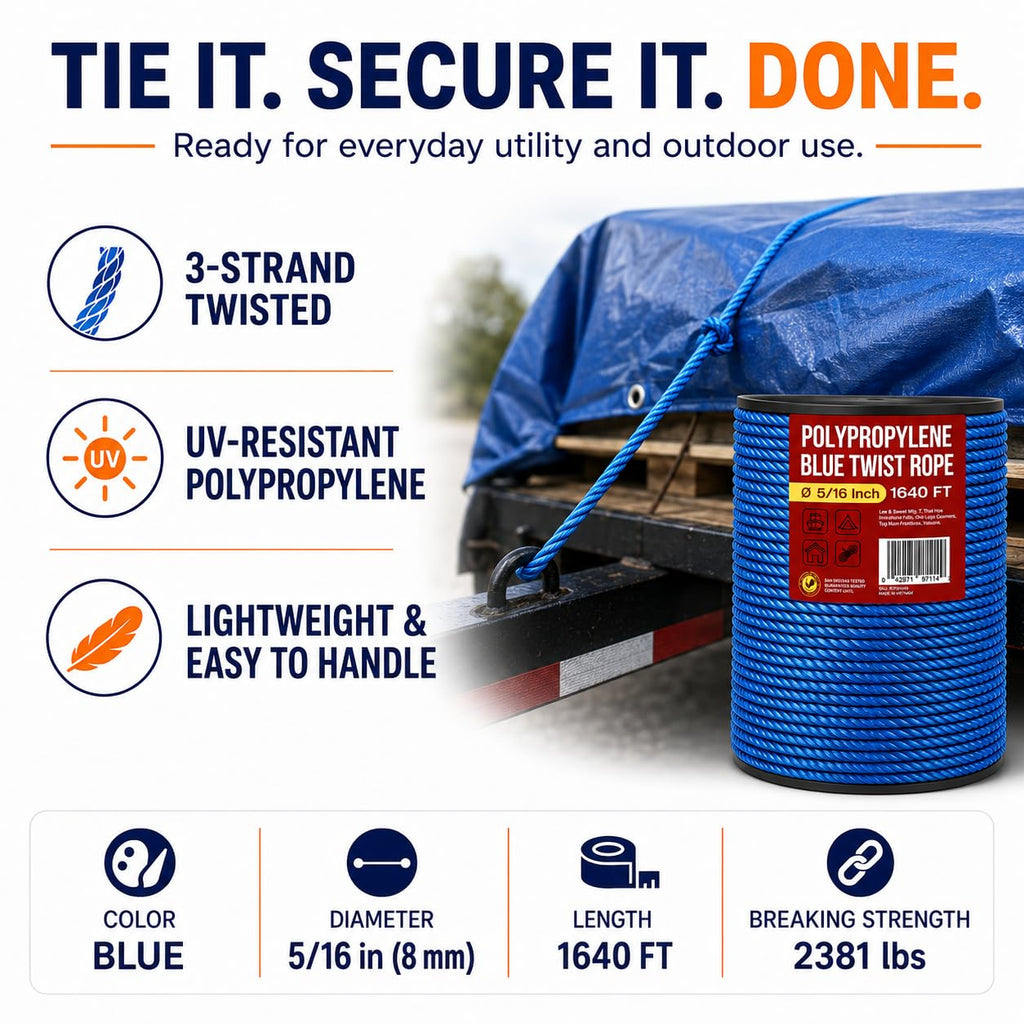Heavy Duty PP/Polyester/Nylon Rope on Spool, Blue, 5/16inX1640FT