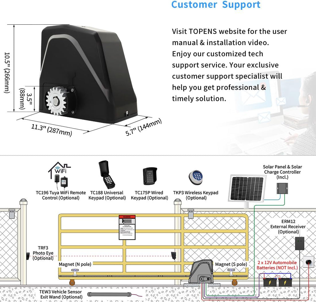 DKR1100ST Solar Sliding Gate Opener Rack Drive Automatic Gate Motor for Heavy Driveway Slide Gates Up to 2600 Pounds