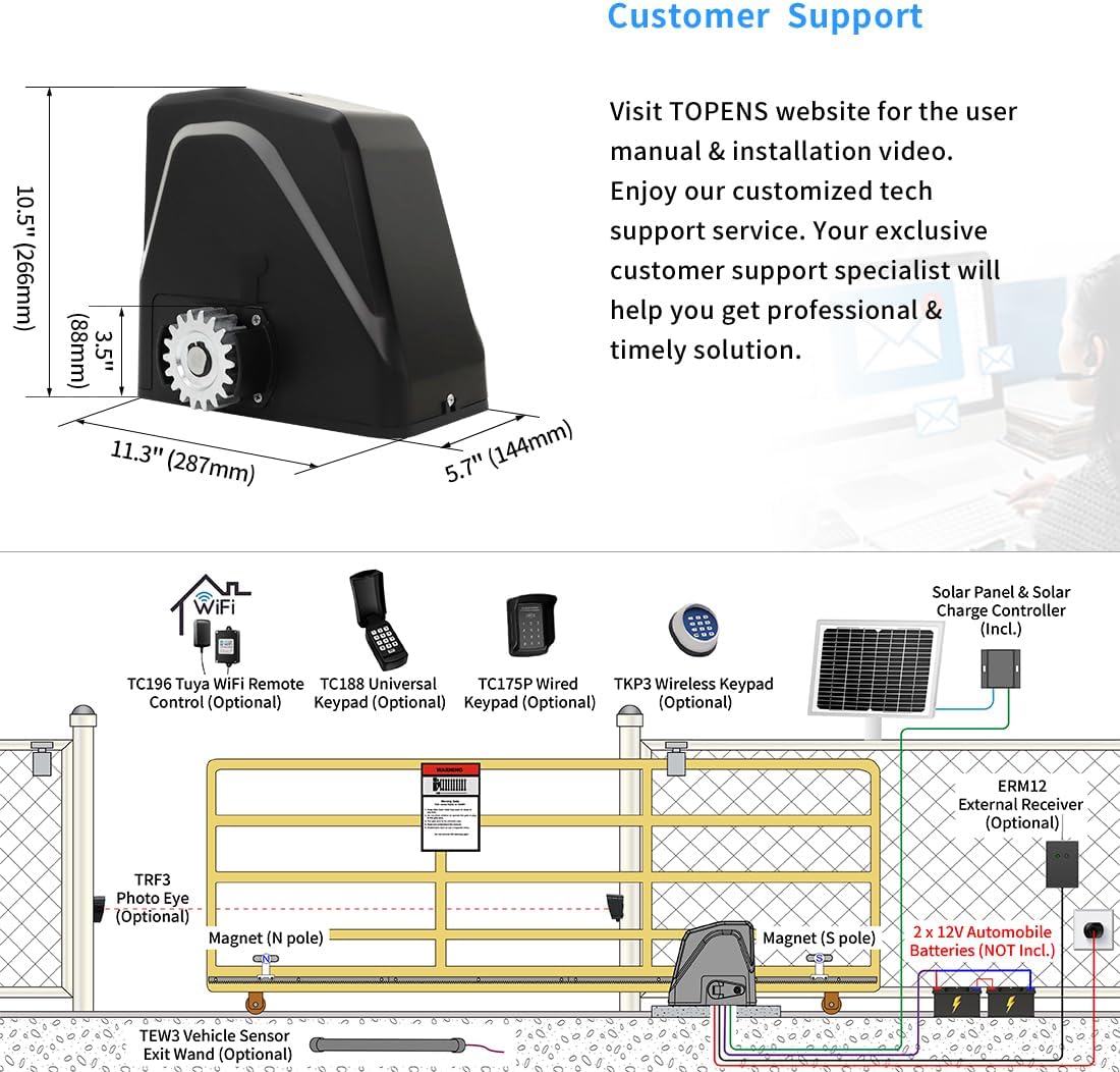 DKR1100ST Solar Sliding Gate Opener Rack Drive Automatic Gate Motor for Heavy Driveway Slide Gates Up to 2600 Pounds