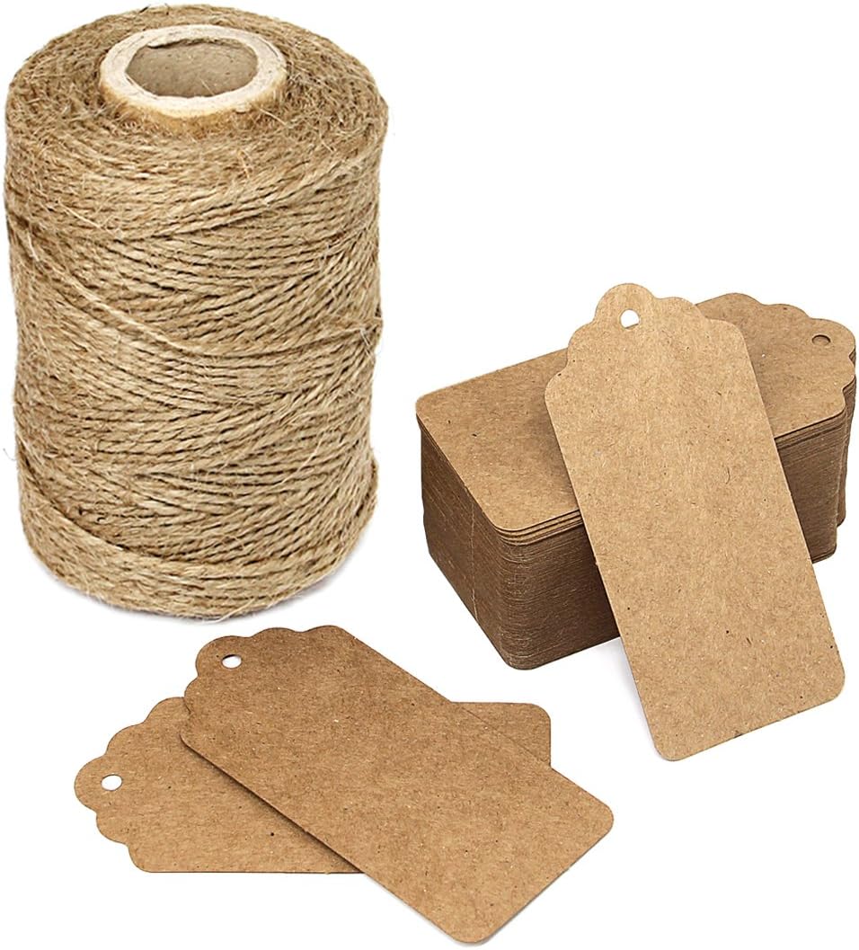 300 Feet Natural Jute Twine and 100pcs Kraft Paper Gift Tags with String