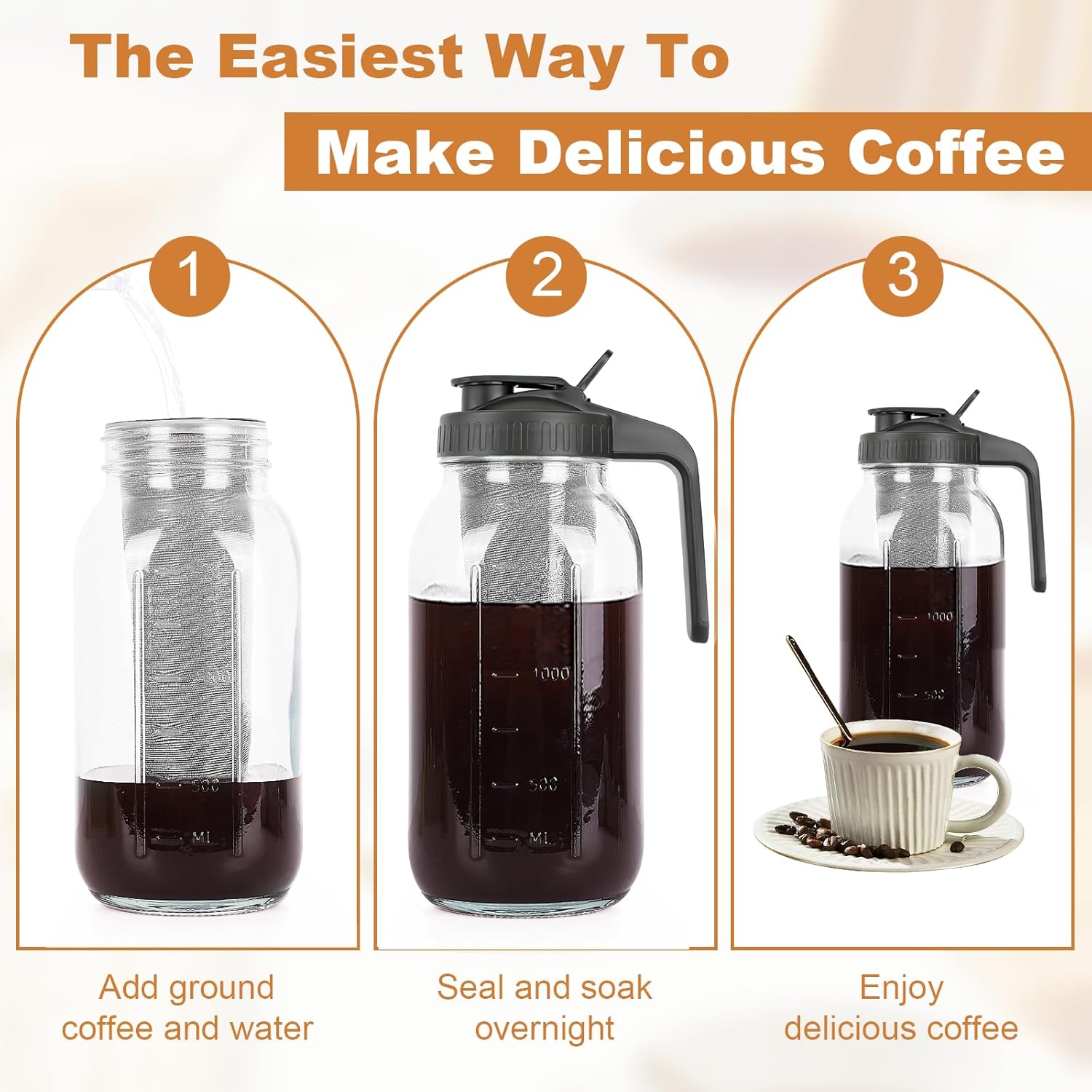 Cold Brew Coffee Maker,64 oz Mason Jar Pitcher with Stainless Steel Filter, Pour Spout Handle Lid, Heavy Duty Glass