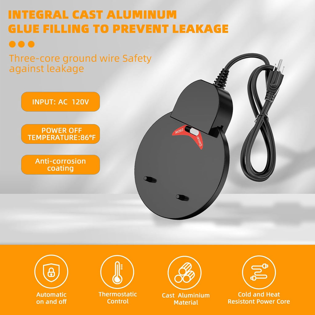 250W Chicken Water Heater w/Thermostat, Aluminum Cast Bird Bath Heater & Pond Deicer, Winter Trough Heater for