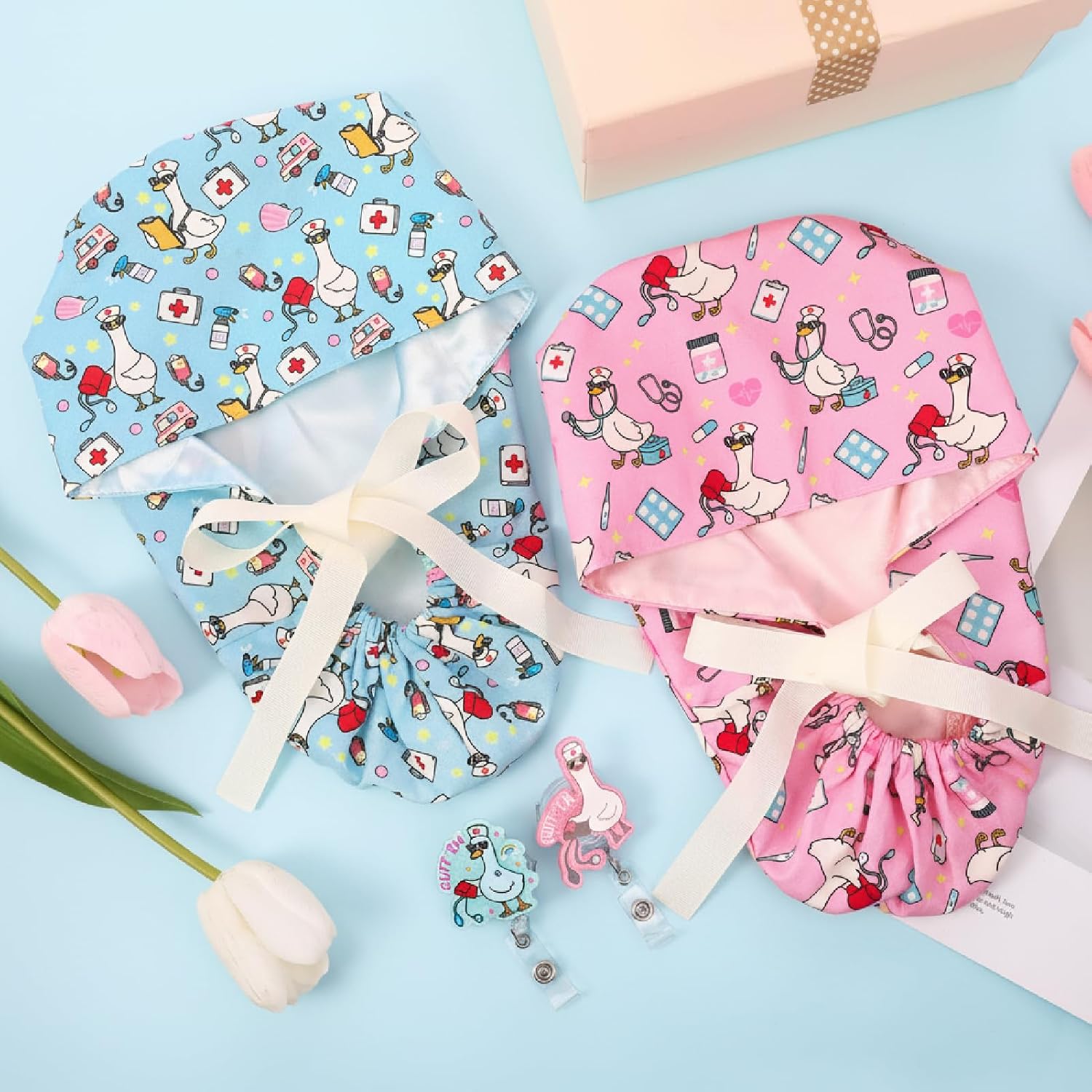 2 Pcs Scrub Cap for Women Nurse Hat with Badge Reel