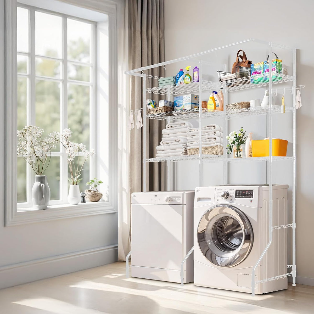 Over the Washer and Dryer Storage Shelf, 6 Tier Laundry Room Drying Rack with Hanger Rod and Hooks, Adjustable Over