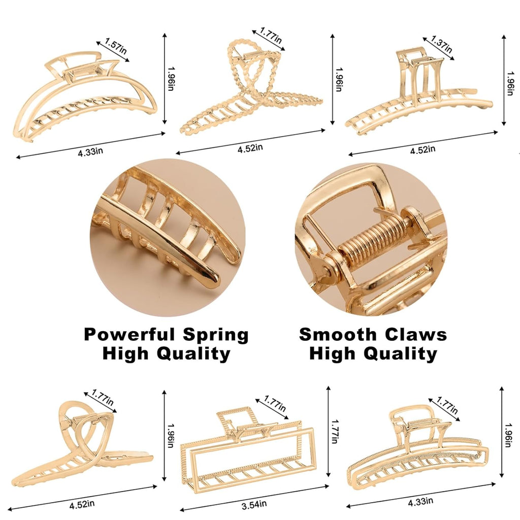 6 Pack Gold Metal Hair Clips - 4 Inch Large Jaw Clips for Women, Strong Hold Hair Claws for Thick or Thin Hair