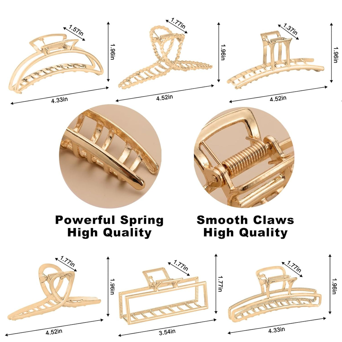 6 Pack Gold Metal Hair Clips - 4 Inch Large Jaw Clips for Women, Strong Hold Hair Claws for Thick or Thin Hair
