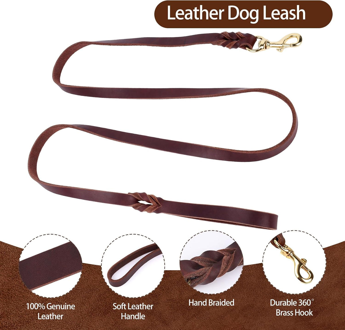 Leather Dog Collar and Leash Set, 6FT Heavy Duty Leather Training Leash with Adjustable Dog Collar, Soft and Durable