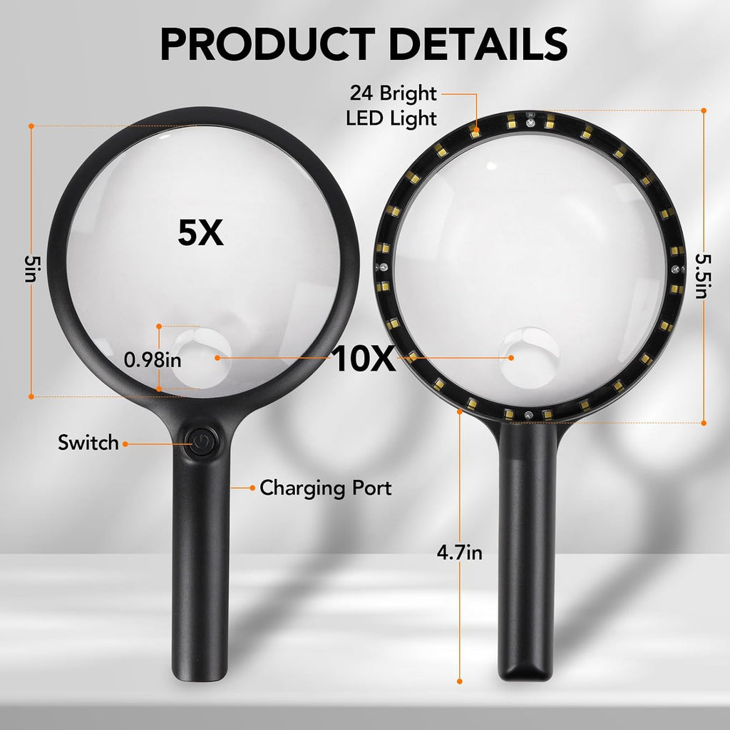Handheld Magnifying Glass with LED Light, Rechargeable Reading Magnifier | Large 5x Lens with 10x Spot Lens, 24 LEDs
