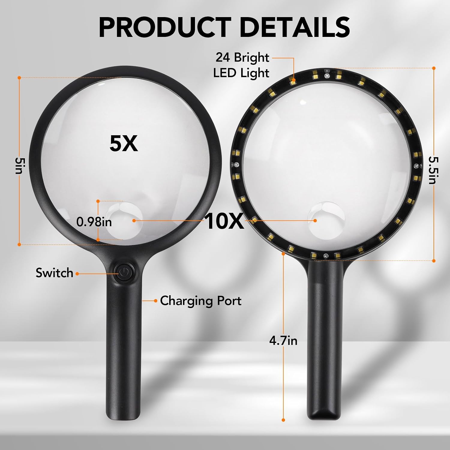 Handheld Magnifying Glass with LED Light, Rechargeable Reading Magnifier | Large 5x Lens with 10x Spot Lens, 24 LEDs