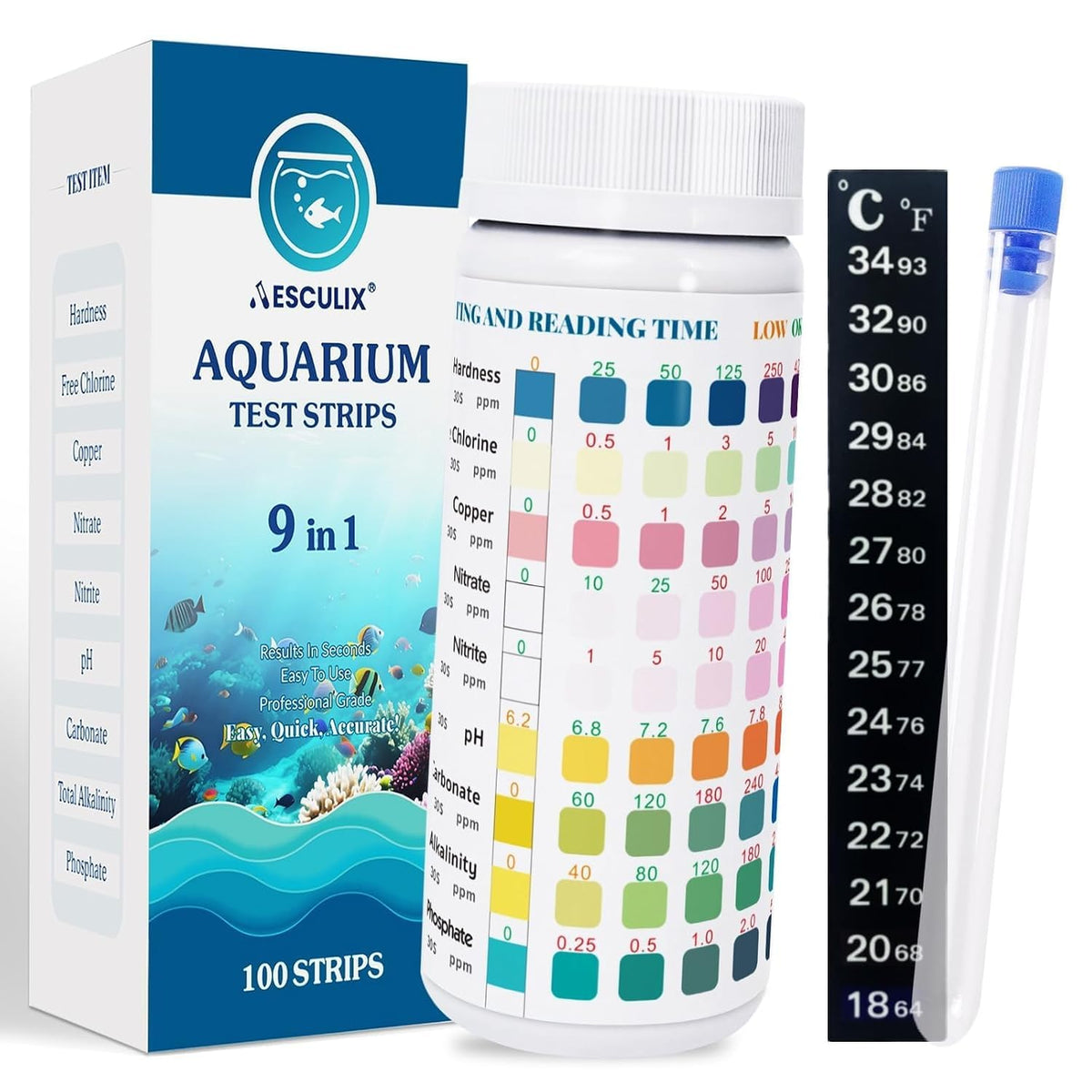 9-in-1 Aquarium Test Strips, 100 Count Fish Tank Water Test Kit for Freshwater & Saltwater, Tests pH, Nitrate