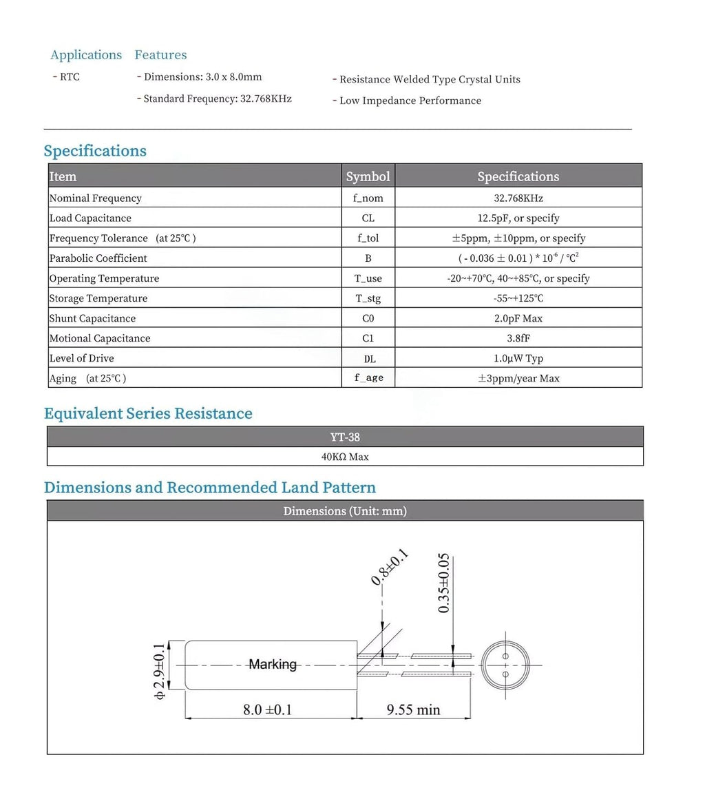 40Pcs 32.768kHz Passive Cylindrical Quartz Crystal Oscillator 3x8mm DIP Crystal Resonator for Clock Watch CCO-DT38-6PF5