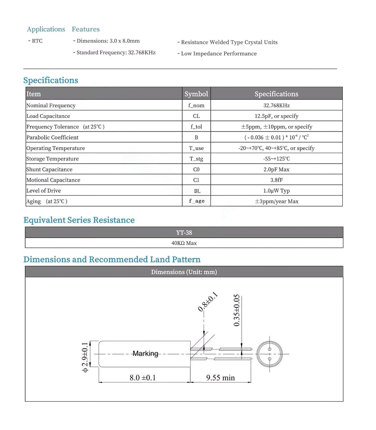 40Pcs 32.768kHz Passive Cylindrical Quartz Crystal Oscillator 3x8mm DIP Crystal Resonator for Clock Watch CCO-DT38-6PF5