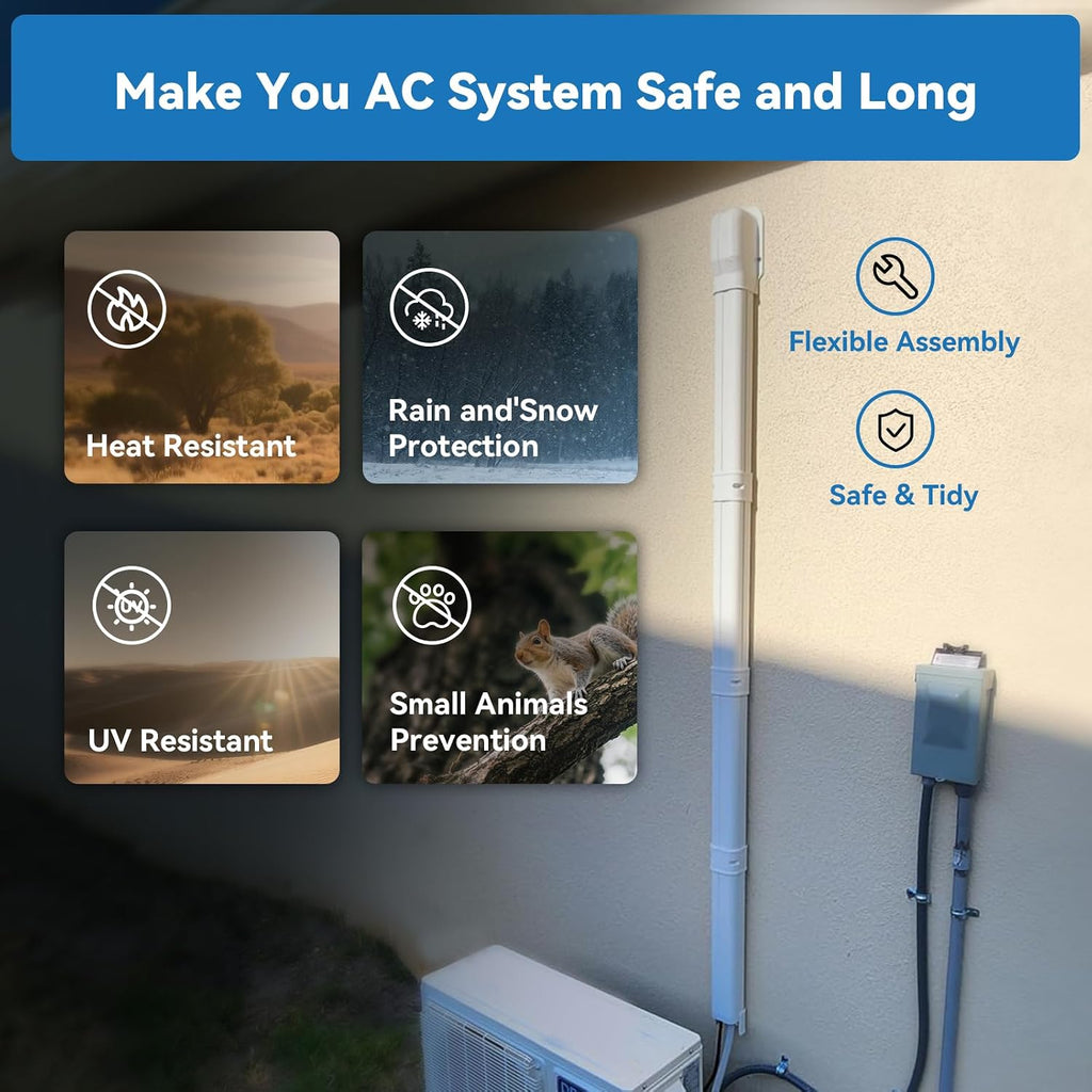 3" 10 Ft Mini Split Line Set Cover Set | with Flexible Duct, PVC Mini Split Cover Kit for Central AC Heat Pumps