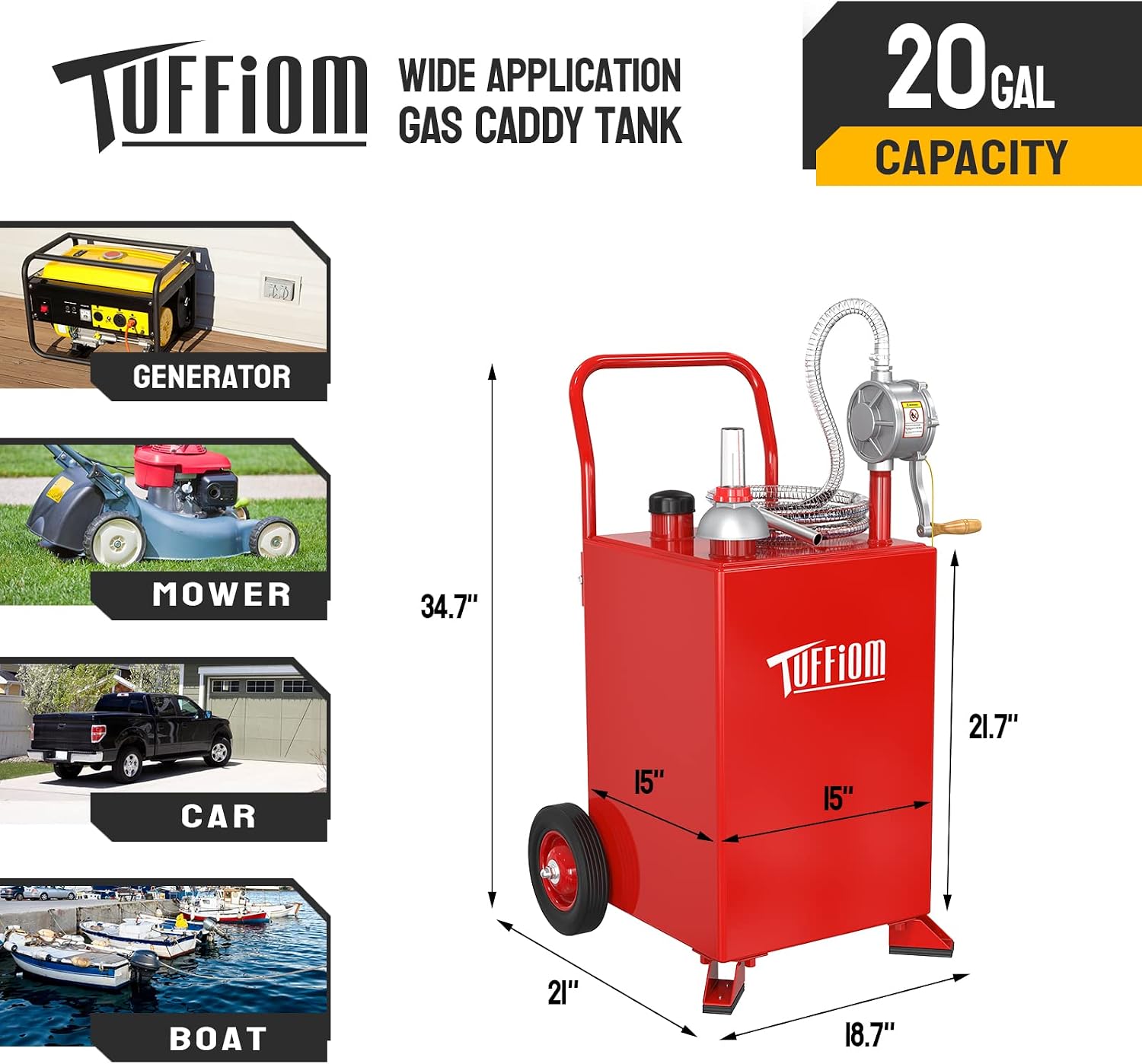 20 Gallon Fuel Gas Caddy w/Wheels & Manual Siphon Pump, Portable Diesel Fuel Transfer Storage Tank w/8.9ft Hose