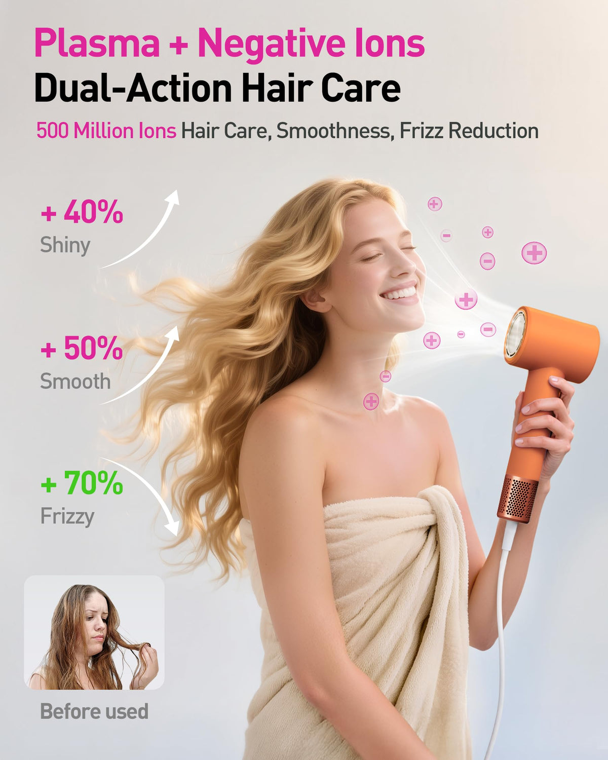 High-Speed Hair Dryer with Diffuser, Ionic Blow Dryer (Orange)
