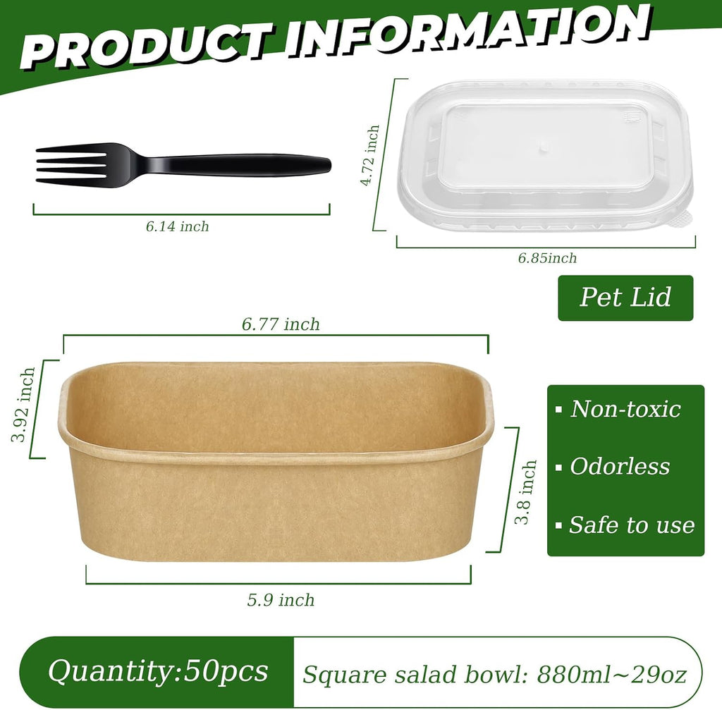 50 Disposable Meal Prep Containers 29oz Kraft Paper Bowls with Lids & Forks