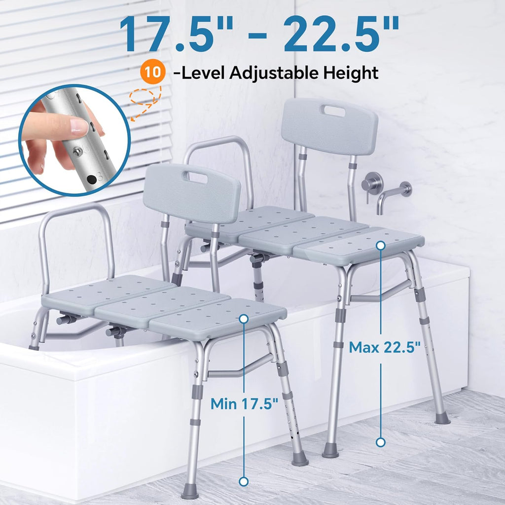 Tub Transfer Bench for Bathtub, 400 lbs Heavy Duty Shower Chair with Backrest, Slip-Resistant Feet, Height Adjustable
