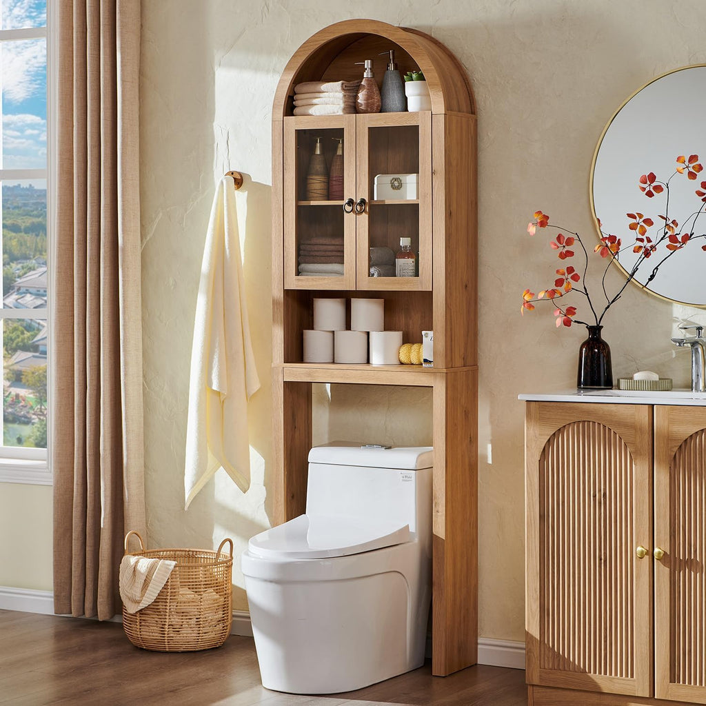 Arched Over The Toilet Storage Cabinet with Acrylic Doors, Modern Over Toilet Bathroom Organizer Shelf, Small Wooden
