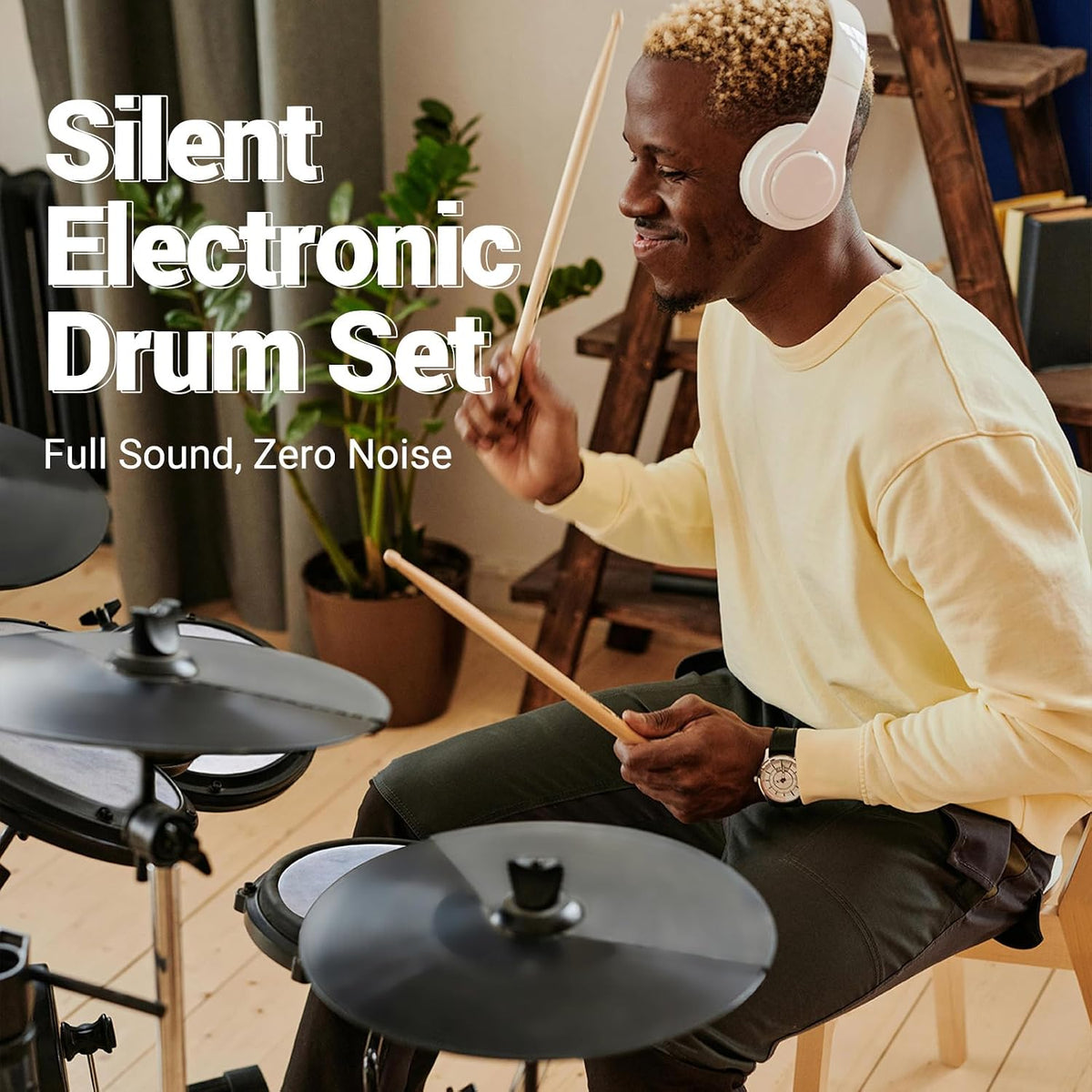 MOSEN Electric Drum Set with 4 Quiet Mesh Drum Pads, Cymbals, Sticks, Headphones, USB MIDI, Kick Pedal, 195+ Sounds
