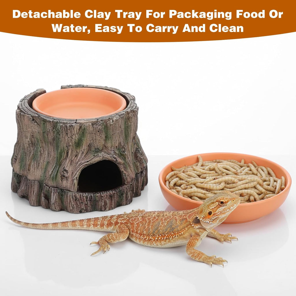 3 in 1 Reptile Hide Cave with Detachable Base & Humidity Dish, Essential Terrarium Decor for Crested Gecko, Leopard