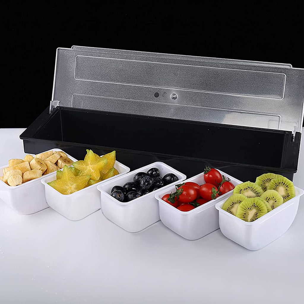 5 Compartment Plastic Dispenser Fruit Veggie Condiment Caddy with Lid，Ice Cooled Condiment Serving Container Chilled