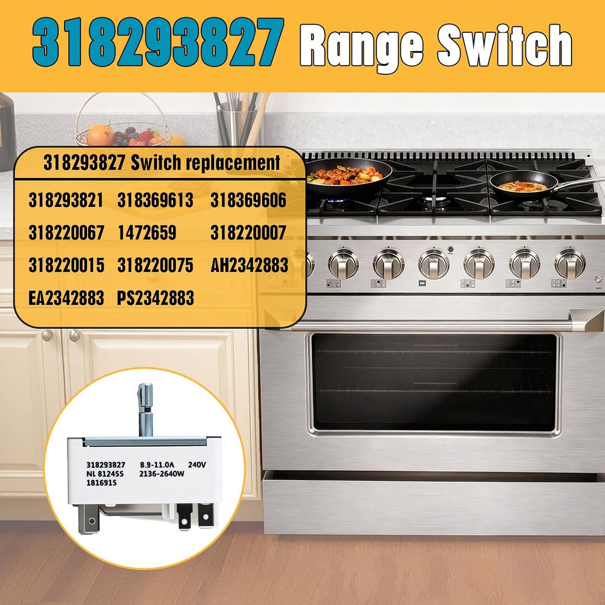 318293827 Range Surface Element Control Switch Replacement for Frigidaire Oven/Stove, Compatible with 318293821, 318369613, 318369606, 318220067，PS2342883