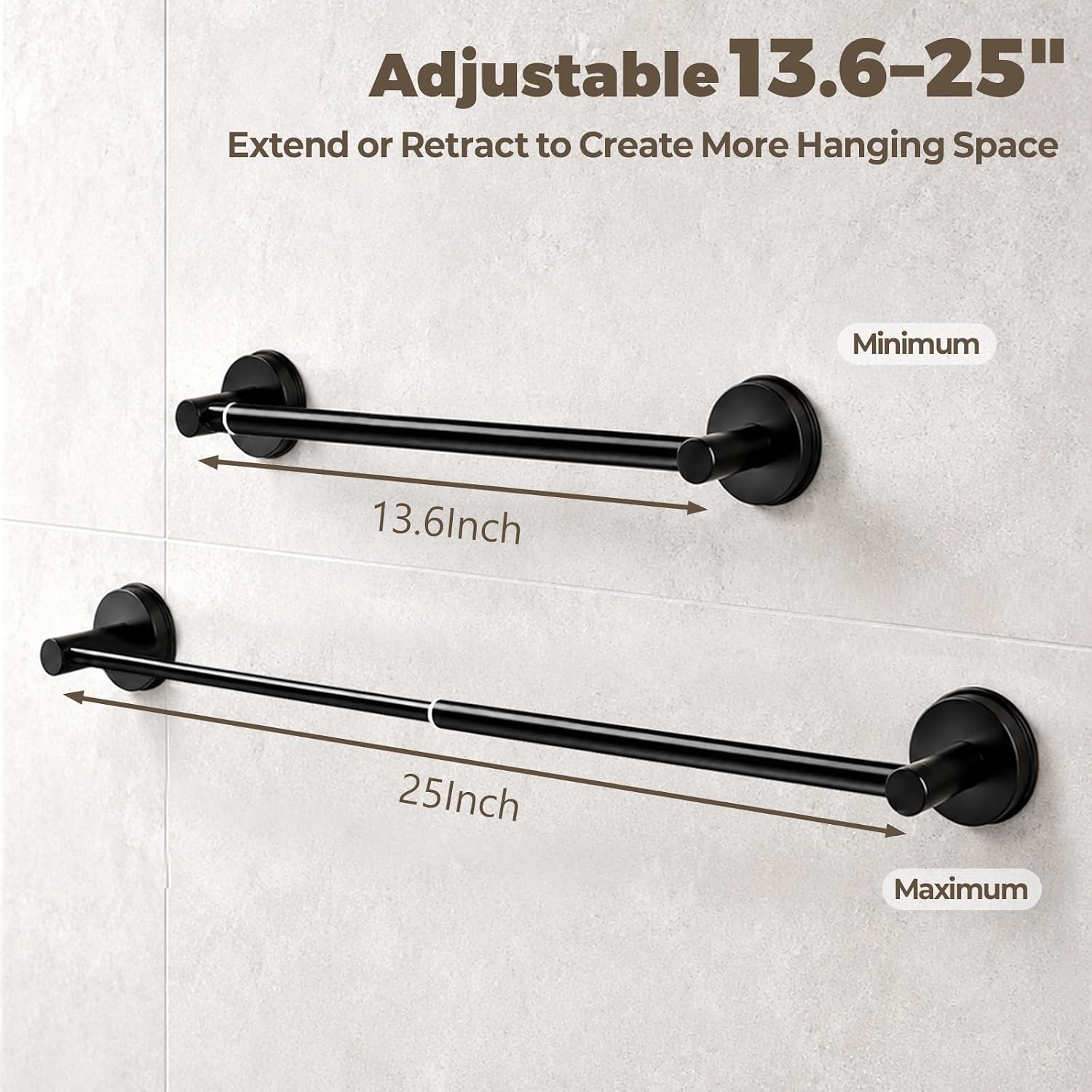 Adjustable Suction Cup Towel Bar – Towel Racks for Bathroom, 13.6-25 Inch, Stainless Steel Bathroom Towel Holder with