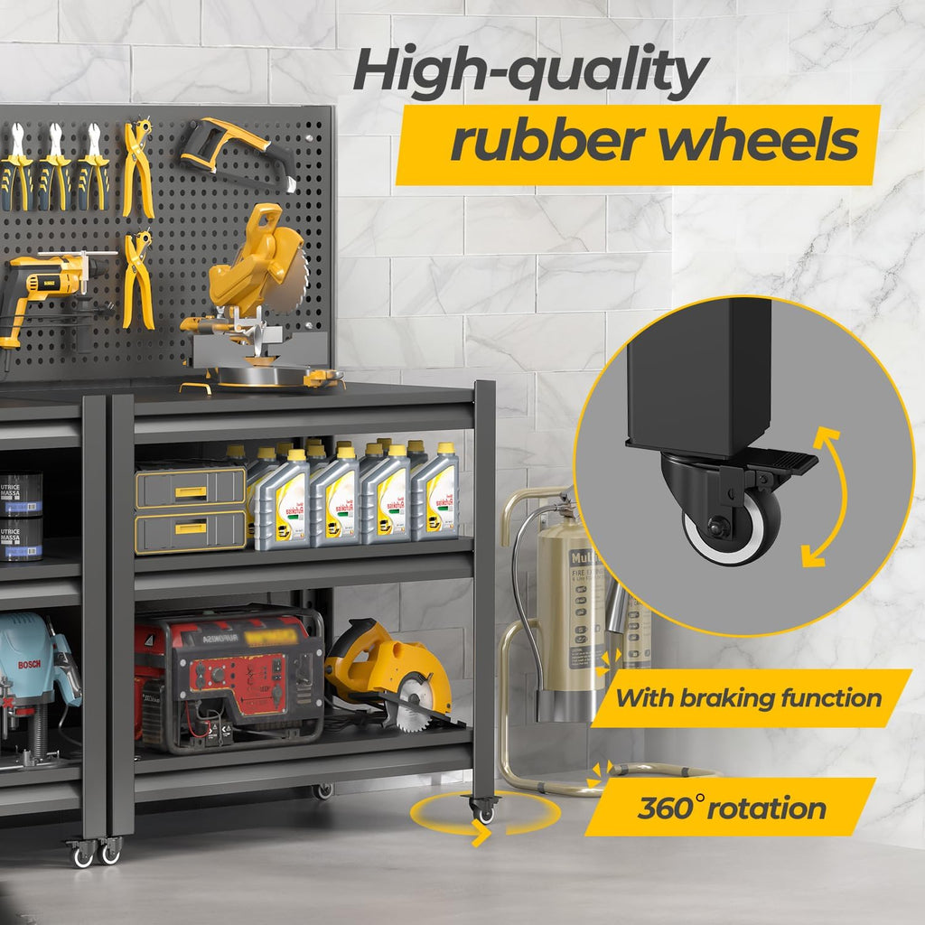 Work Bench with Pegboard,Heavy Duty Workbench with Wheels Adjustable Shelves,Tool Cart,Work Table for Garage
