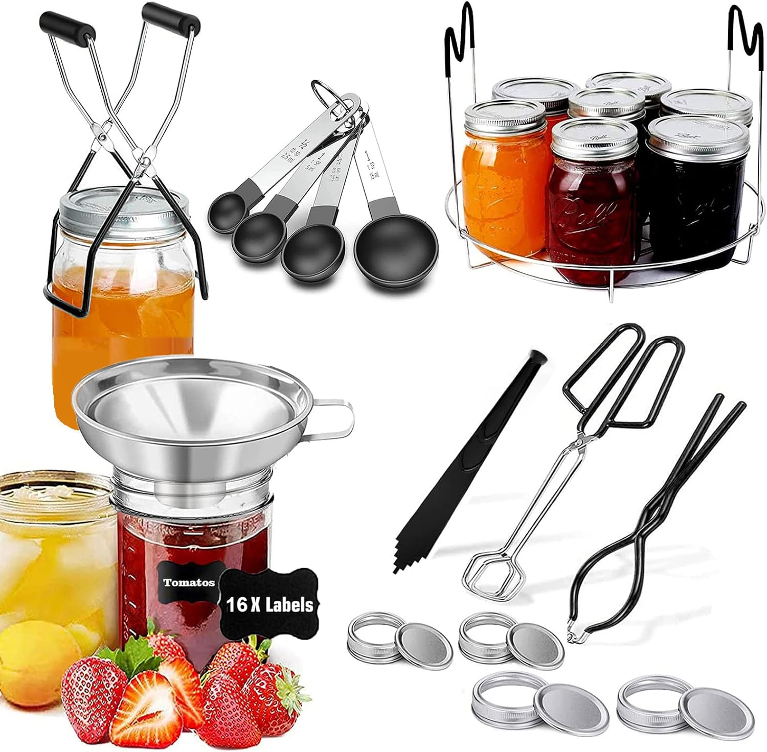 Canning Supplies Starter Kit For Mason Jars - Pot, Funnel, Lifter, Wrench, Tongs, Lid Lifter & Bubble Remover