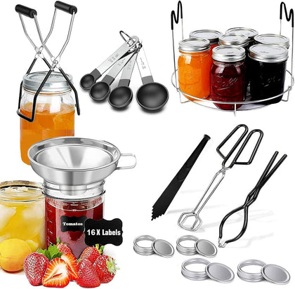 Canning Supplies Starter Kit For Mason Jars - Pot, Funnel, Lifter, Wrench, Tongs, Lid Lifter & Bubble Remover