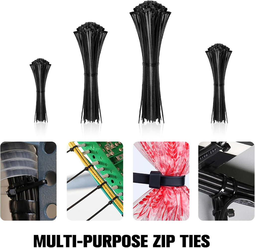 Zip Ties Assorted Sizes(4”+6”+8”+12”), 2000 Pack,Black Cable Ties,Multi-Purpose Self-Locking Nylon Cable Cord