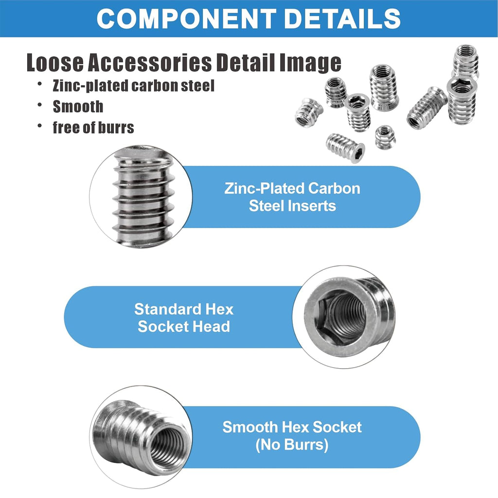 170PCS Zinc Plated Threaded Inserts for Wood Kit, 10 Sizes Steel Threaded Inserts with M6 M8 M10 Hex Wrenches, Furniture Screw Inserts for Cabinet & Woodworking