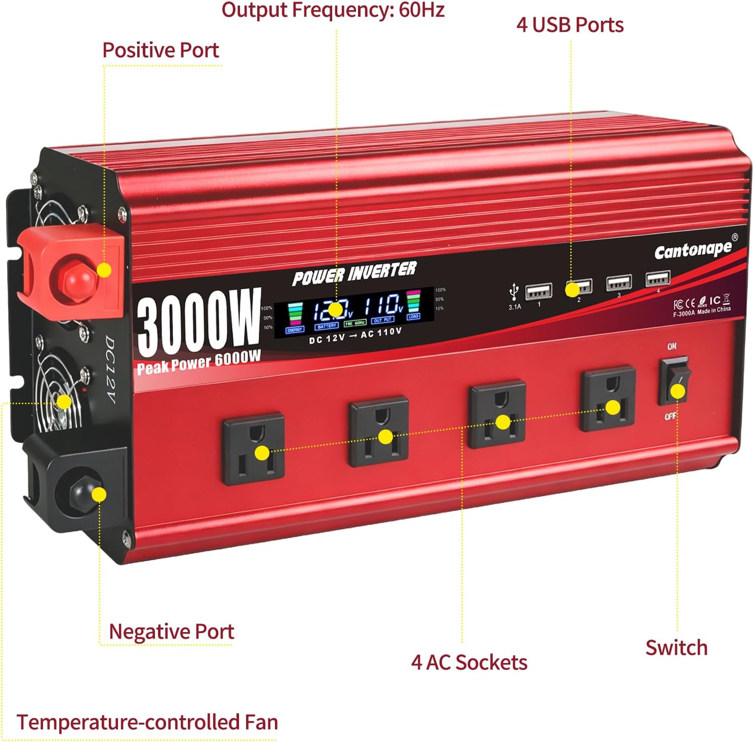 3000W Power Inverter 12V to 110V/120V DC to AC with LCD Display | Remote Controller 4 x AC Outlets and 4 x 3.1A USB