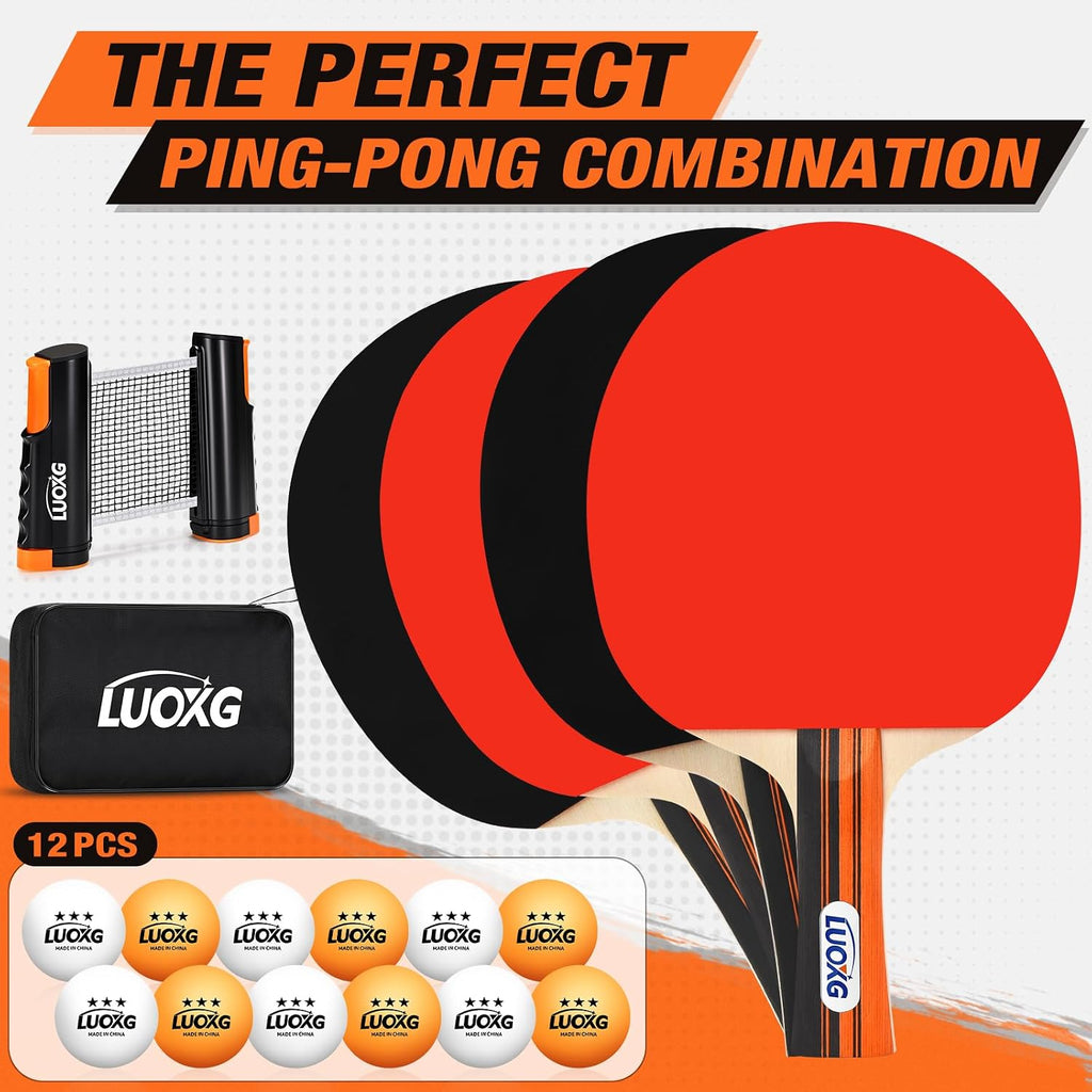 4‑Player Ping Pong Paddles Set with Retractable Net and 12 Balls | Table Tennis Paddles Set of 4, Retractable Ping