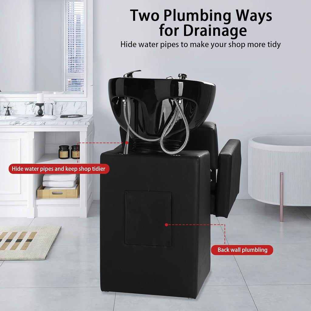 Salon Shampoo Backwash Chair Unit for Hairdressing | Large Ceramic Bowl, Adjustable Shampoo Bowl Sink, Barbershop