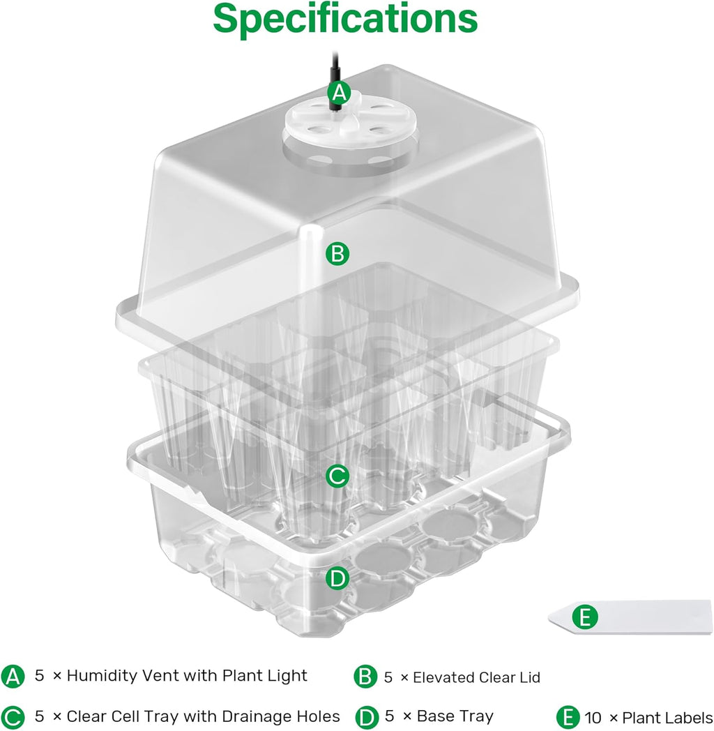 5 Packs Seed Starter Tray with Grow Light, Elevated Seedling Starter Trays Kits with Adjustable Humidity Domes and