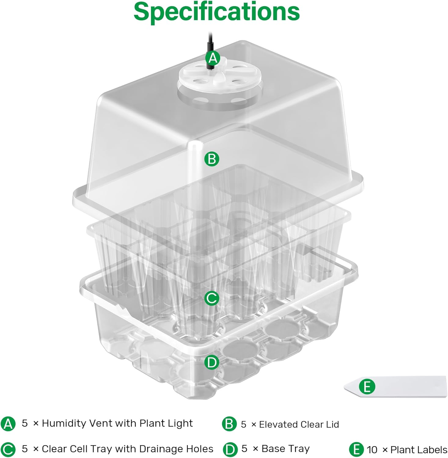 5 Packs Seed Starter Tray with Grow Light, Elevated Seedling Starter Trays Kits with Adjustable Humidity Domes and