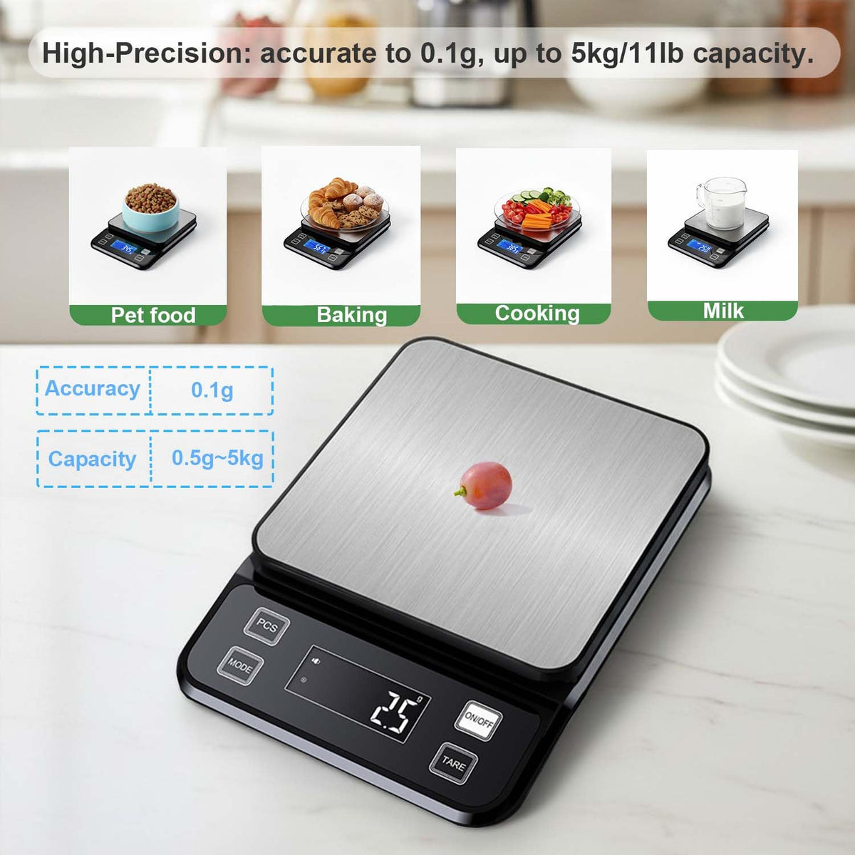 Waterproof Digital Kitchen Scale 0.1g/0.001oz Precision, Stainless Steel Electronic Scale with 3 Power Options