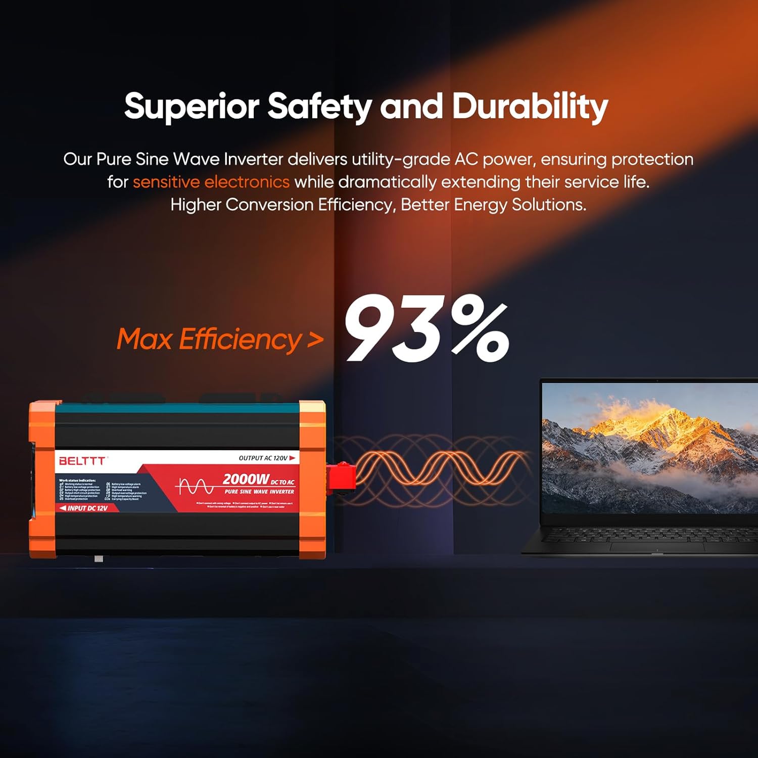 2000W Pure Sine Wave Inverter 12V DC to 120V AC, 4000W Surge | LCD Display, Dual AC and 20A Outlets, 23ft Remote