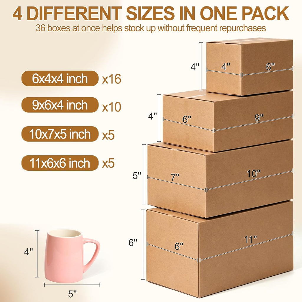 Assorted Sizes Shipping Boxes 36 Pack, Brown Corrugated Mailers