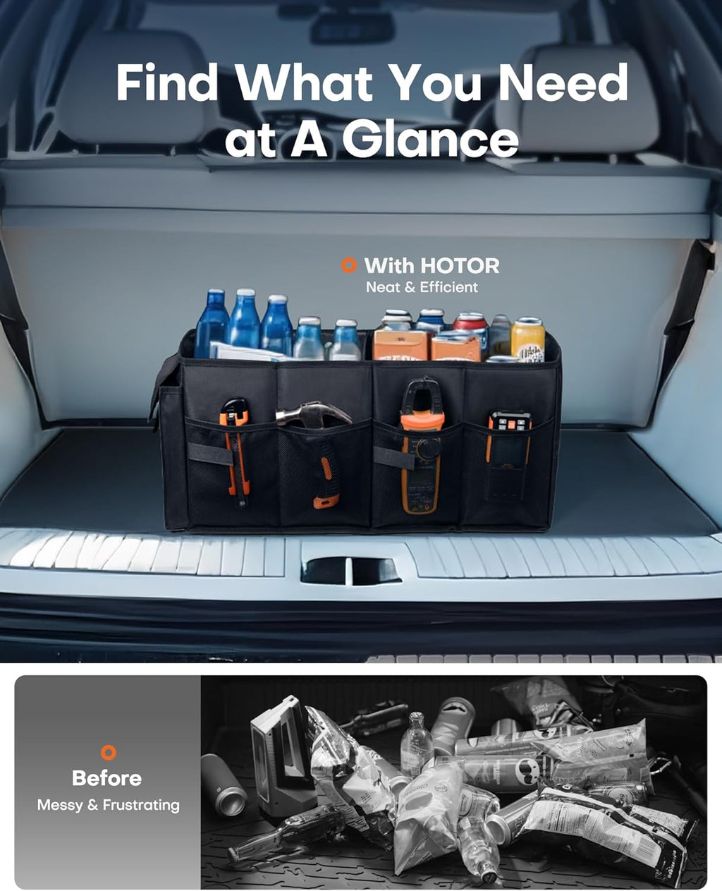 Foldable Trunk Organizer - SUVs & Sedans, Sturdy Car Organization With 2 Compartments, Black, 23.6"×14.2"×10.6"