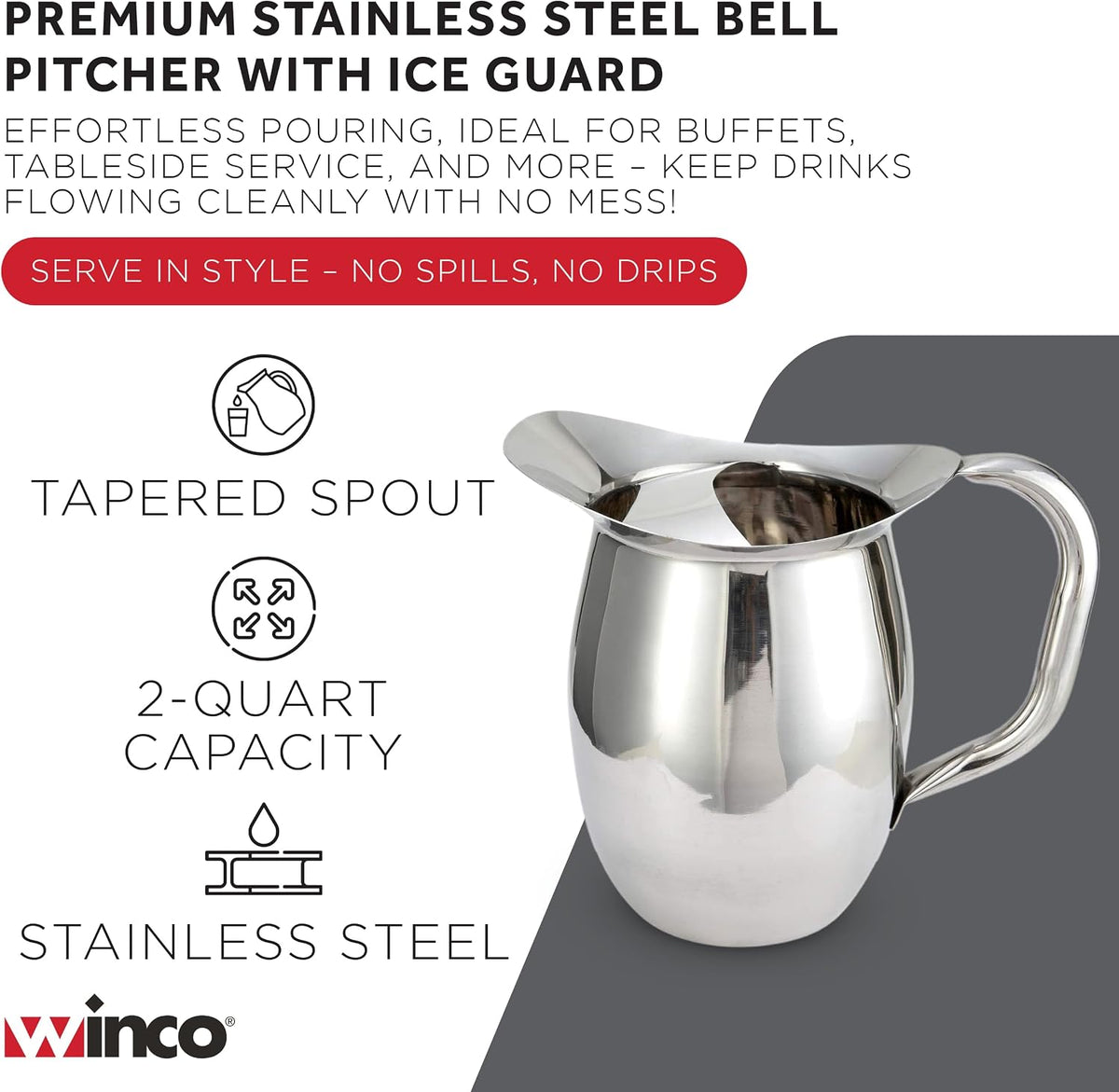 WPB-2C Deluxe Bell Pitcher with Ice Catcher, 2-Quart, Stainless Steel, Medium