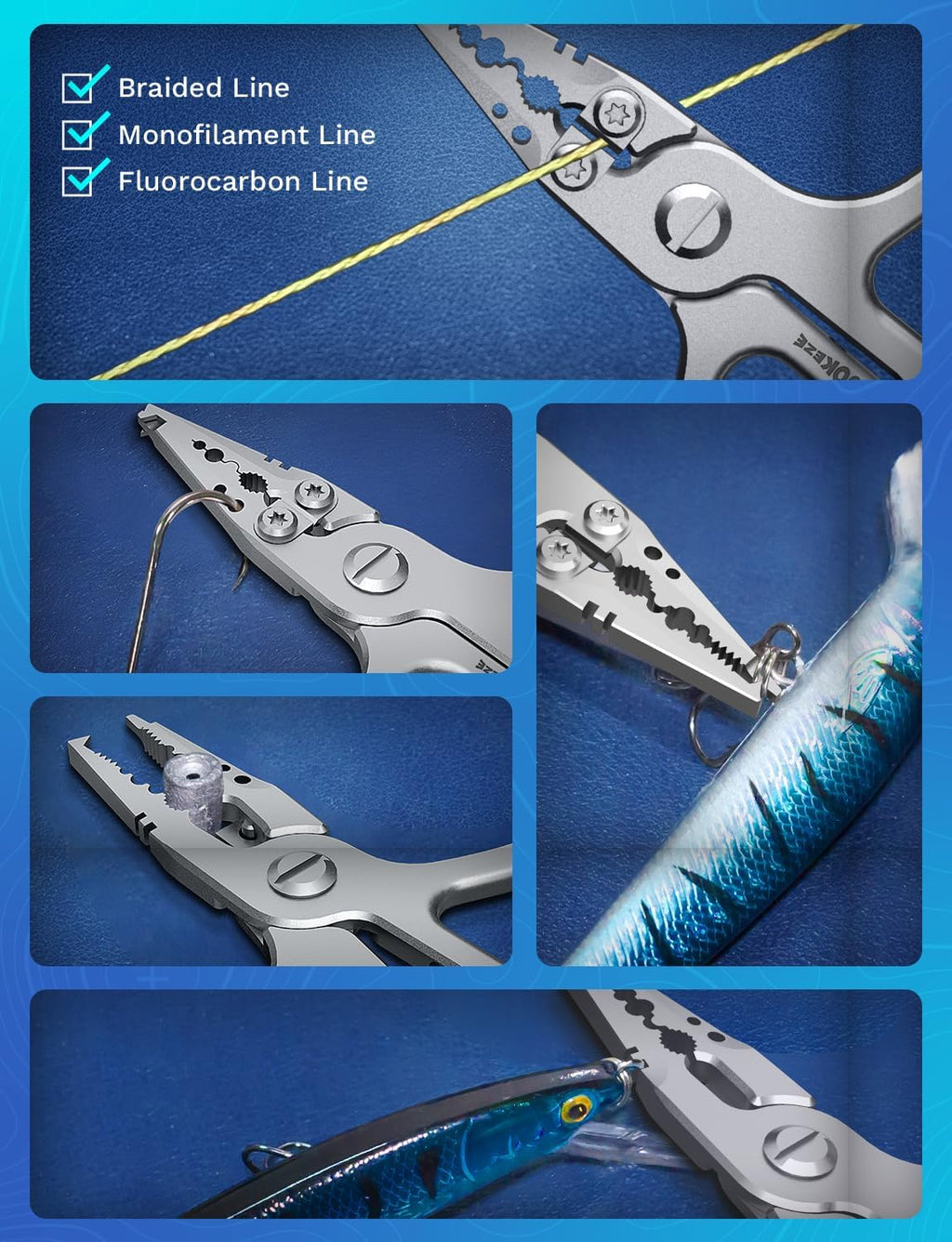 17-4 Fishing Pliers, Saltwater Resistant Fishing Scissors,Tungsten Cutters, Knot Tying Tool with Lanyard, Split Ring