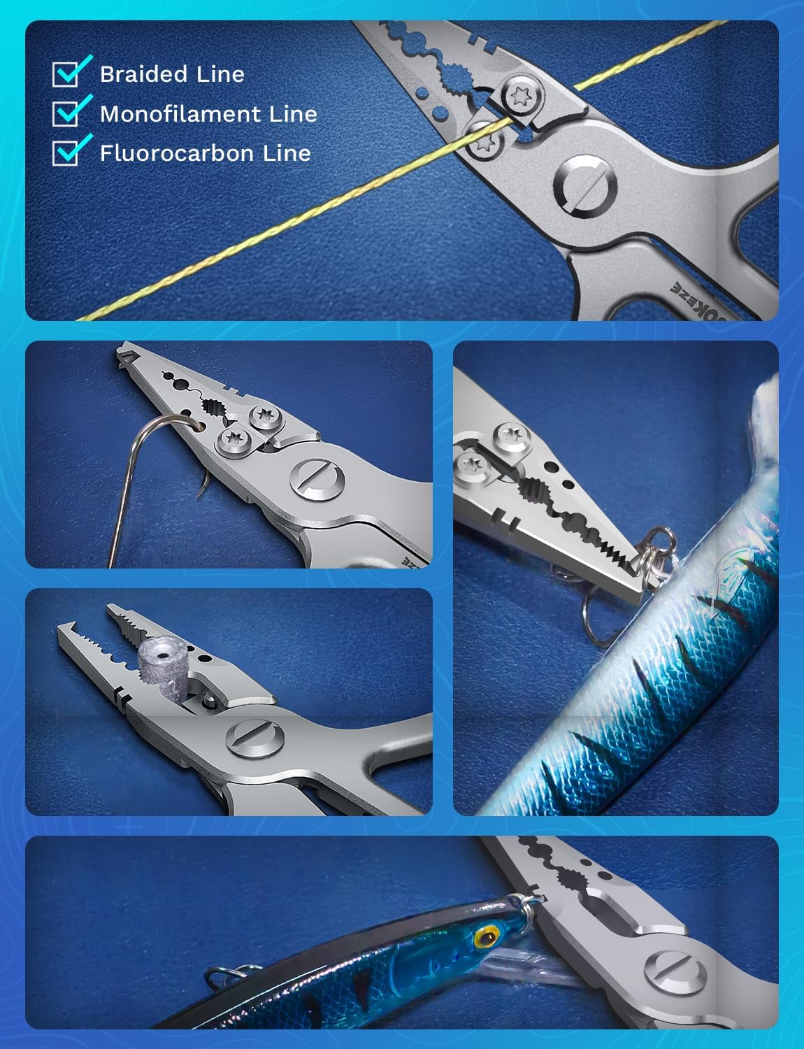 17-4 Fishing Pliers, Saltwater Resistant Fishing Scissors,Tungsten Cutters, Knot Tying Tool with Lanyard, Split Ring