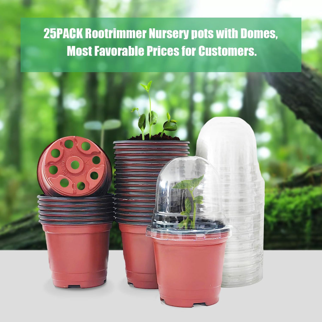 Plant Nursery Pots with Humidity Domes, 25 Sets 4 Inch Soft Nursery Pots Quality Ones (25 Red Pots + 25 Clear Lids)